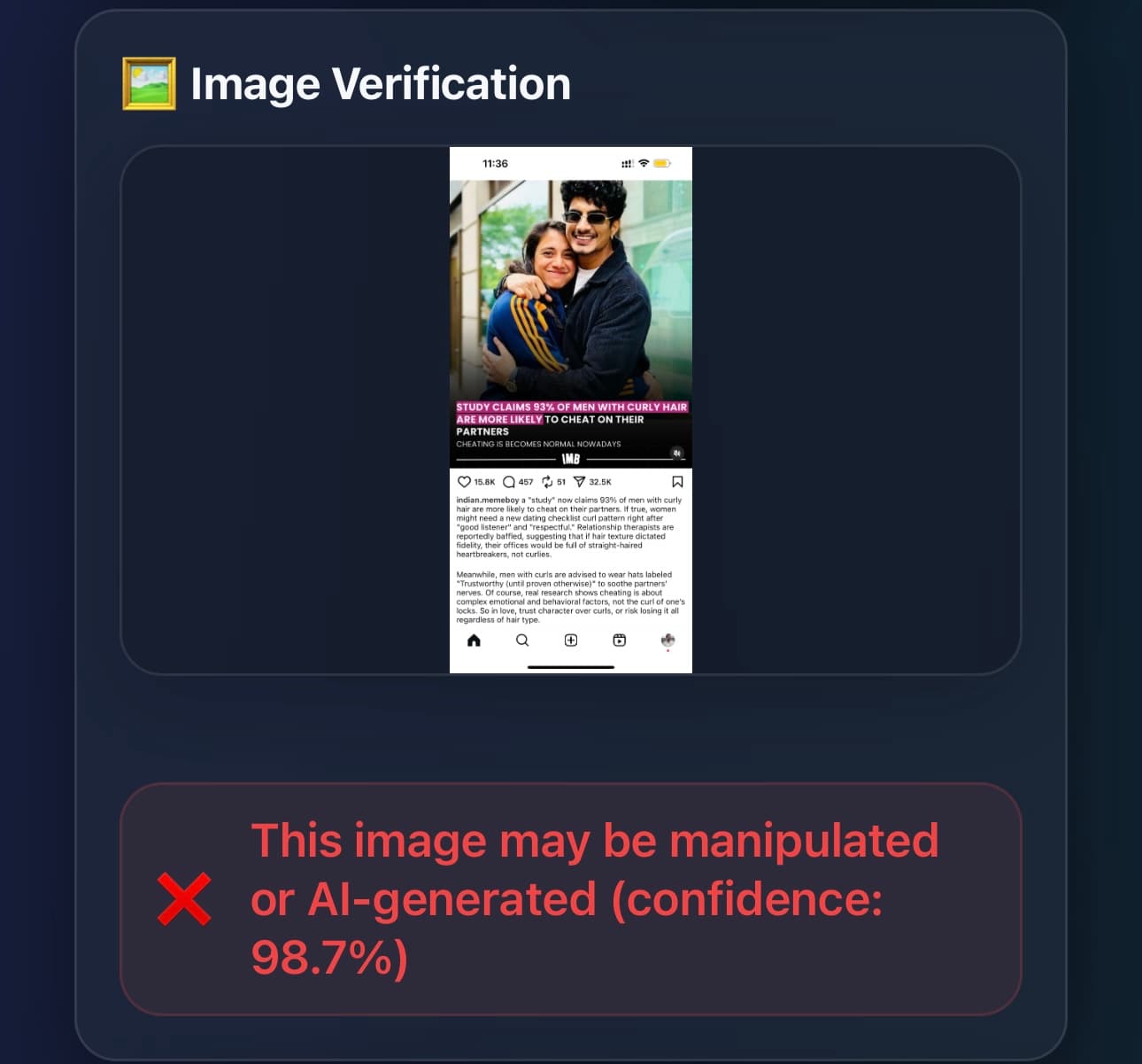 VerDict AI image authentication results showing forensic analysis details